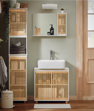 Hoge Badkamerkast met Bamboe Accenten – Smal, Modern en Ruim Opbergmeubel
