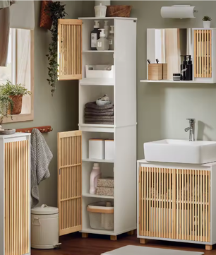 Hoge Badkamerkast met Bamboe Accenten – Smal, Modern en Ruim Opbergmeubel