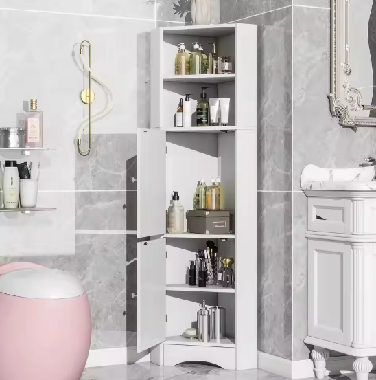 Hoek Badkamerkast met Verstelbare Planken – Compact en Modern Wit