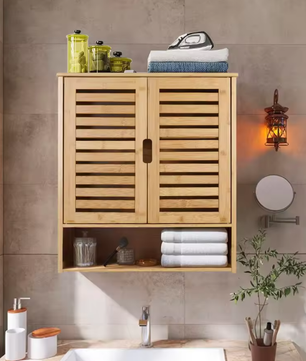 Wandgemonteerde Bamboe Badkamerkast – Compact Opbergkastje met Planken