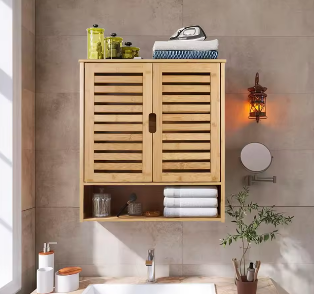Wandgemonteerde Bamboe Badkamerkast – Compact Opbergkastje met Planken