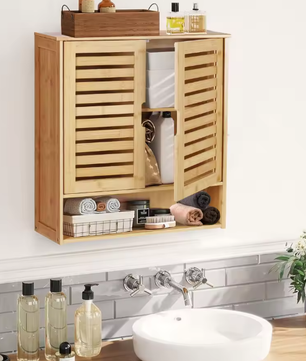 Wandgemonteerde Bamboe Badkamerkast – Compact Opbergkastje met Planken