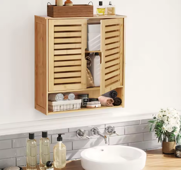 Wandgemonteerde Bamboe Badkamerkast – Compact Opbergkastje met Planken