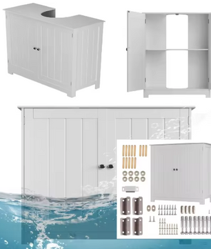 Witte Onder-Wastafelkast – Houten Badkamermeubel met 2 Deuren en Verstelbare Plank