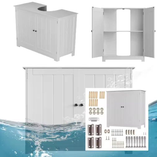 Witte Onder-Wastafelkast – Houten Badkamermeubel met 2 Deuren en Verstelbare Plank