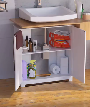 Witte Onder-Wastafelkast – Houten Badkamermeubel met 2 Deuren en Verstelbare Plank