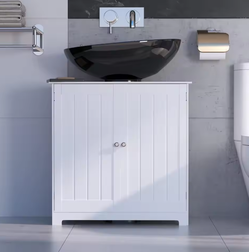 Witte Onder-Wastafelkast – Houten Badkamermeubel met 2 Deuren en Verstelbare Plank