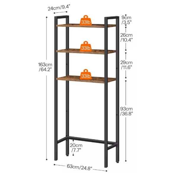 Industriële Toiletkast – 3-Laags Over-Het-Toilet Opbergrek in Bruin en Zwart