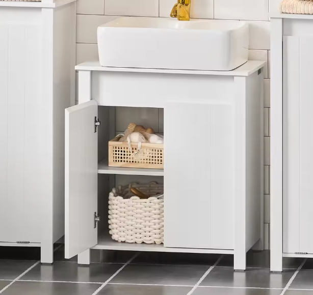 Wastafelkast Onder Kast – Badkamermeubel met 2 Deuren en Verstelbare Planken, MDF, Wit