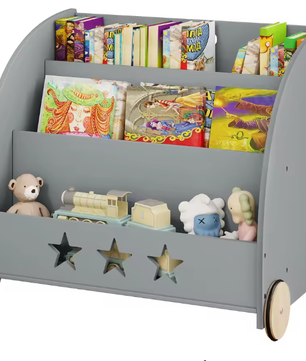 Kinderboekenkast met Wielen – 3 Planken Multifunctionele Opberger voor Kinderkamer