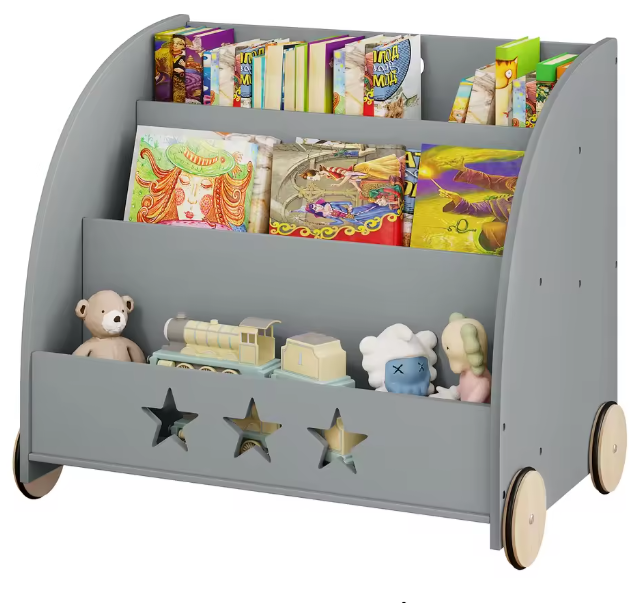 Kinderboekenkast met Wielen – 3 Planken Multifunctionele Opberger voor Kinderkamer