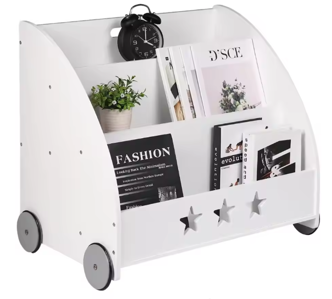 Kinderboekenkast met Wielen – 3 Planken Multifunctionele Opberger voor Kinderkamer