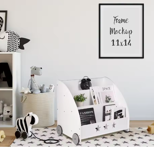 Kinderboekenkast met Wielen – 3 Planken Multifunctionele Opberger voor Kinderkamer