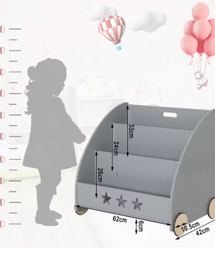 Kinderboekenkast met Wielen – 3 Planken Multifunctionele Opberger voor Kinderkamer