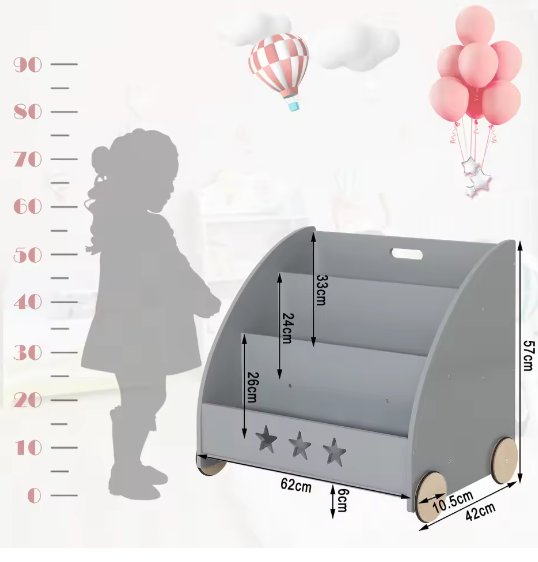 Kinderboekenkast met Wielen – 3 Planken Multifunctionele Opberger voor Kinderkamer