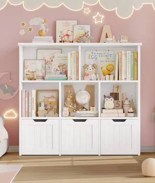 Speelgoedopberger Kinderkamer – 3 Laden en 6 Planken, Kinderboekenkast Organizer 100x33x89,5 cm