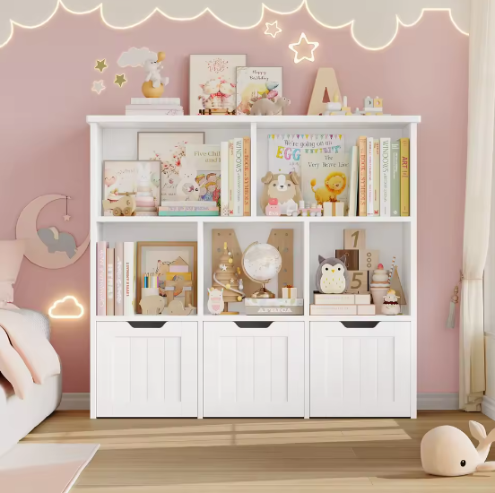 Speelgoedopberger Kinderkamer – 3 Laden en 6 Planken, Kinderboekenkast Organizer 100x33x89,5 cm