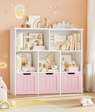 Speelgoedopberger Kinderkamer – 3 Laden en 6 Planken, Kinderboekenkast Organizer 100x33x89,5 cm