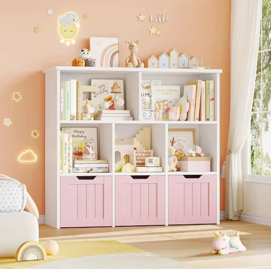 Speelgoedopberger Kinderkamer – 3 Laden en 6 Planken, Kinderboekenkast Organizer 100x33x89,5 cm