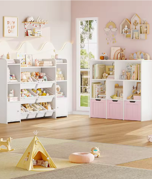 Speelgoedopberger Kinderkamer – 3 Laden en 6 Planken, Kinderboekenkast Organizer 100x33x89,5 cm
