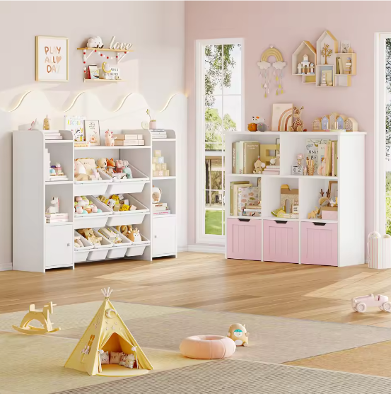 Speelgoedopberger Kinderkamer – 3 Laden en 6 Planken, Kinderboekenkast Organizer 100x33x89,5 cm