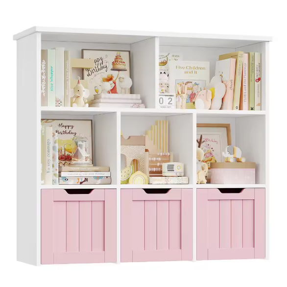 Speelgoedopberger Kinderkamer – 3 Laden en 6 Planken, Kinderboekenkast Organizer 100x33x89,5 cm