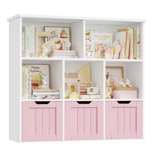 Speelgoedopberger Kinderkamer – 3 Laden en 6 Planken, Kinderboekenkast Organizer 100x33x89,5 cm