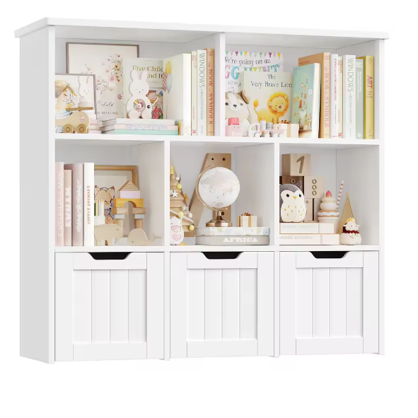 Speelgoedopberger Kinderkamer – 3 Laden en 6 Planken, Kinderboekenkast Organizer 100x33x89,5 cm