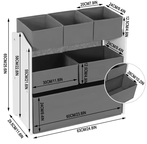 3 Tier Kinderopbergkast – 6 Verwisselbare Geweven Speelgoeddozen 63x30x60 cm