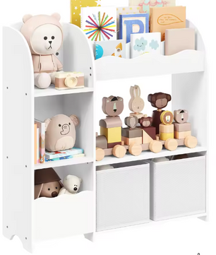 Kinder Boekenkast en Speelgoedrek – 3 Boekenvakken, 5 Planken en 2 Opbergboxen