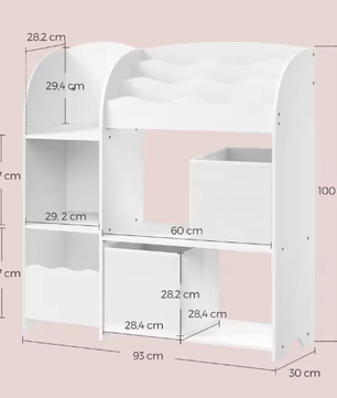 Kinder Boekenkast en Speelgoedrek – 3 Boekenvakken, 5 Planken en 2 Opbergboxen