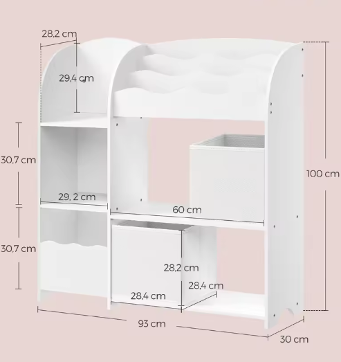 Kinder Boekenkast en Speelgoedrek – 3 Boekenvakken, 5 Planken en 2 Opbergboxen