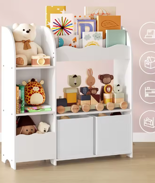 Kinder Boekenkast en Speelgoedrek – 3 Boekenvakken, 5 Planken en 2 Opbergboxen