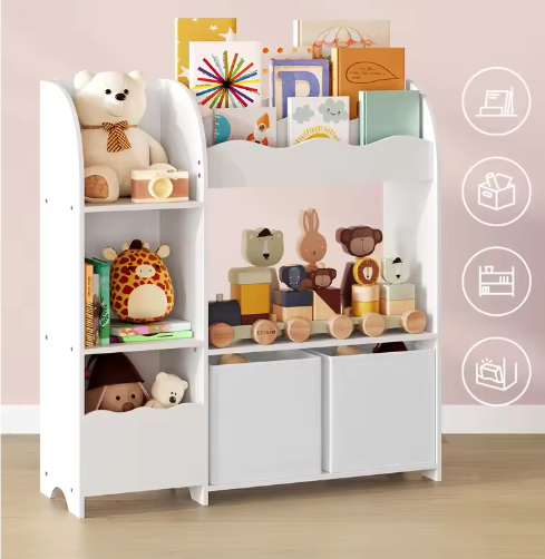 Kinder Boekenkast en Speelgoedrek – 3 Boekenvakken, 5 Planken en 2 Opbergboxen