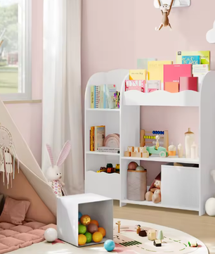 Kinder Boekenkast en Speelgoedrek – 3 Boekenvakken, 5 Planken en 2 Opbergboxen