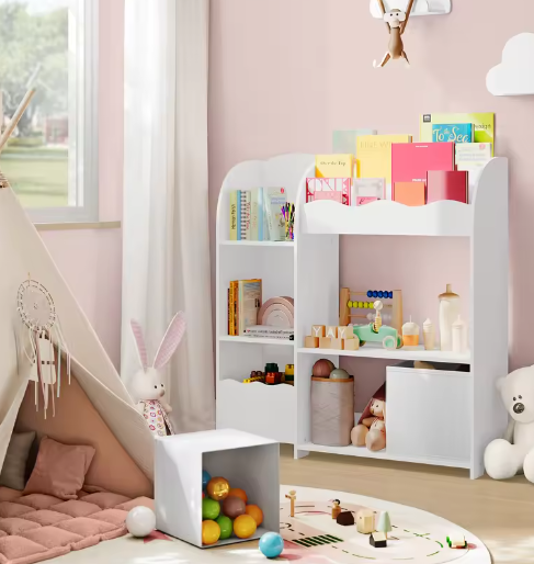 Kinder Boekenkast en Speelgoedrek – 3 Boekenvakken, 5 Planken en 2 Opbergboxen