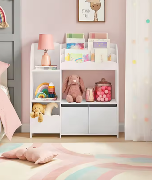 Kinder Boekenkast en Speelgoedrek – 3 Boekenvakken, 5 Planken en 2 Opbergboxen