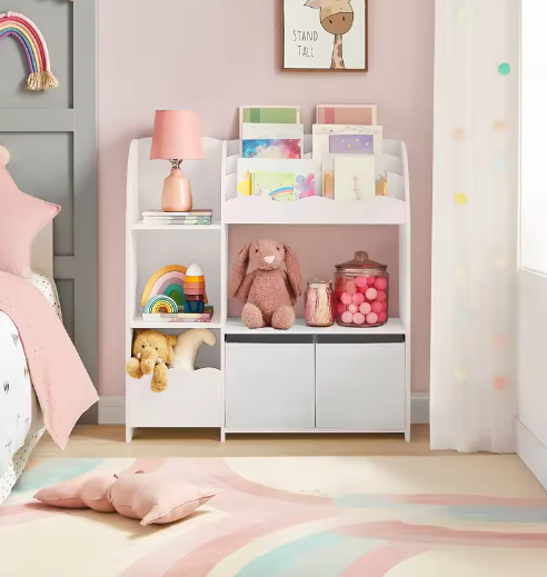Kinder Boekenkast en Speelgoedrek – 3 Boekenvakken, 5 Planken en 2 Opbergboxen