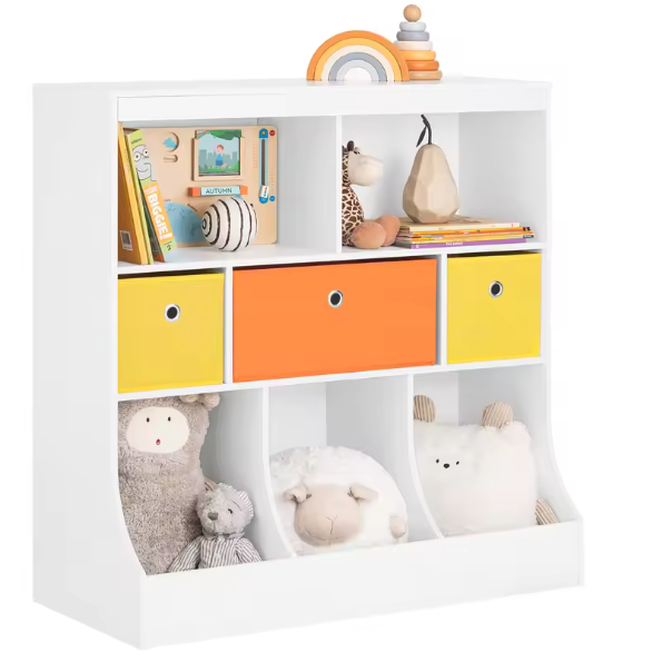 Kinderboekenkast met 5 Vakken en 3 Stoffen Opbergboxen – Speelgoedrek&nbsp; en Boekenplank