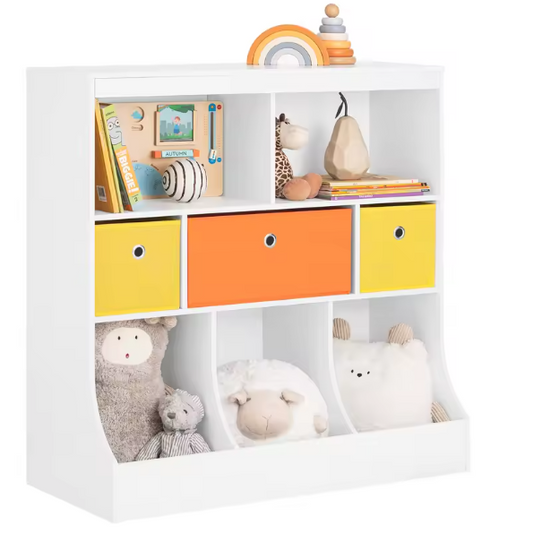 Kinderboekenkast met 5 Vakken en 3 Stoffen Opbergboxen – Speelgoedrek&nbsp; en Boekenplank