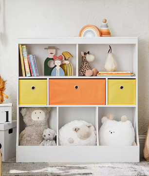 Kinderboekenkast met 5 Vakken en 3 Stoffen Opbergboxen – Speelgoedrek  en Boekenplank