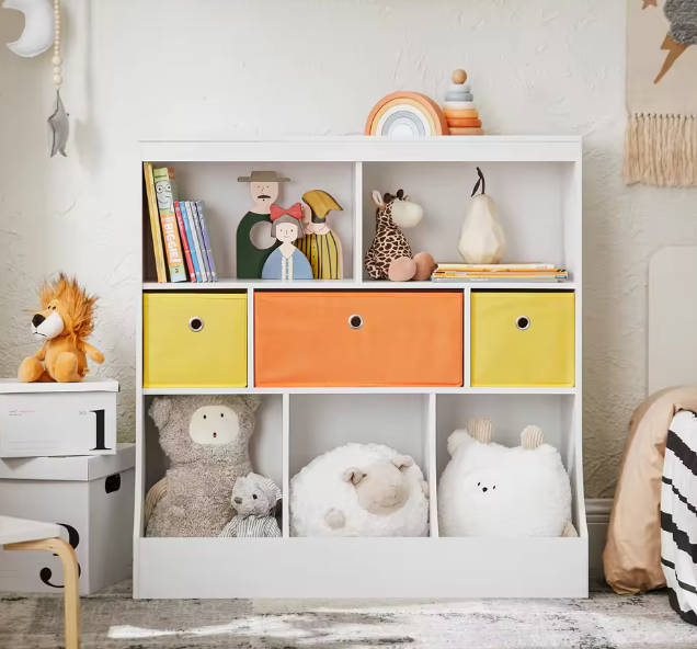 Kinderboekenkast met 5 Vakken en 3 Stoffen Opbergboxen – Speelgoedrek&nbsp; en Boekenplank