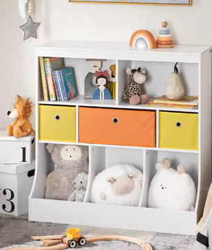 Kinderboekenkast met 5 Vakken en 3 Stoffen Opbergboxen – Speelgoedrek  en Boekenplank