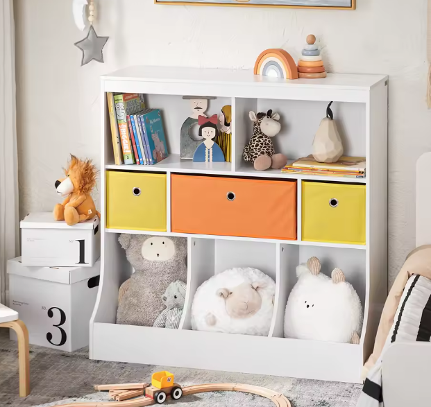 Kinderboekenkast met 5 Vakken en 3 Stoffen Opbergboxen – Speelgoedrek&nbsp; en Boekenplank