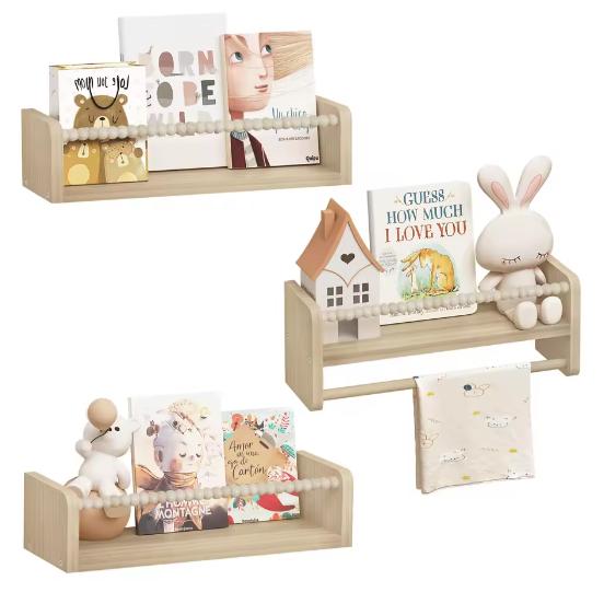 Set van 3 Kinder Wandplanken – Houten Boekenrek en Speelgoedplank