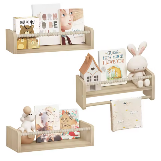Set van 3 Kinder Wandplanken – Houten Boekenrek en Speelgoedplank