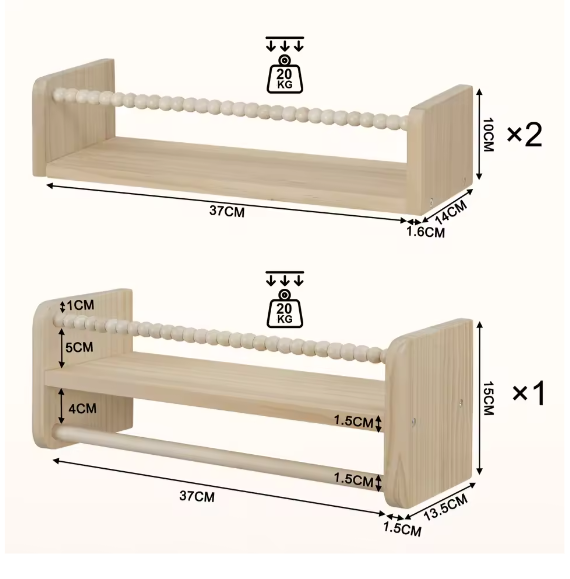 Set van 3 Kinder Wandplanken – Houten Boekenrek en Speelgoedplank