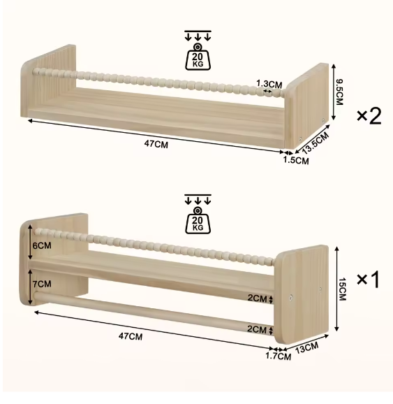 Set van 3 Kinder Wandplanken – Houten Boekenrek en Speelgoedplank