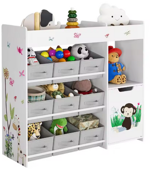 Speelgoedrek met 9 Opbergruimtes – Kinderkast met Stoffen Laden en Boekenplank