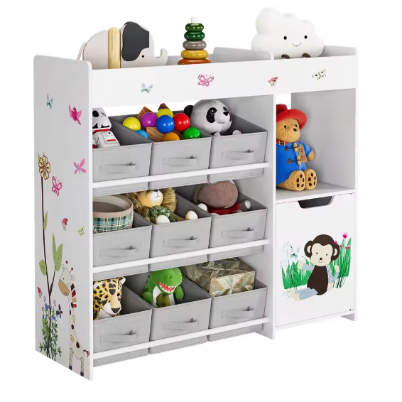 Speelgoedrek met 9 Opbergruimtes – Kinderkast met Stoffen Laden en Boekenplank